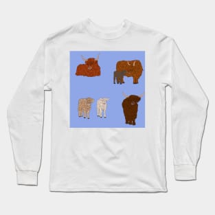 Highland Cows Pattern Blue Long Sleeve T-Shirt